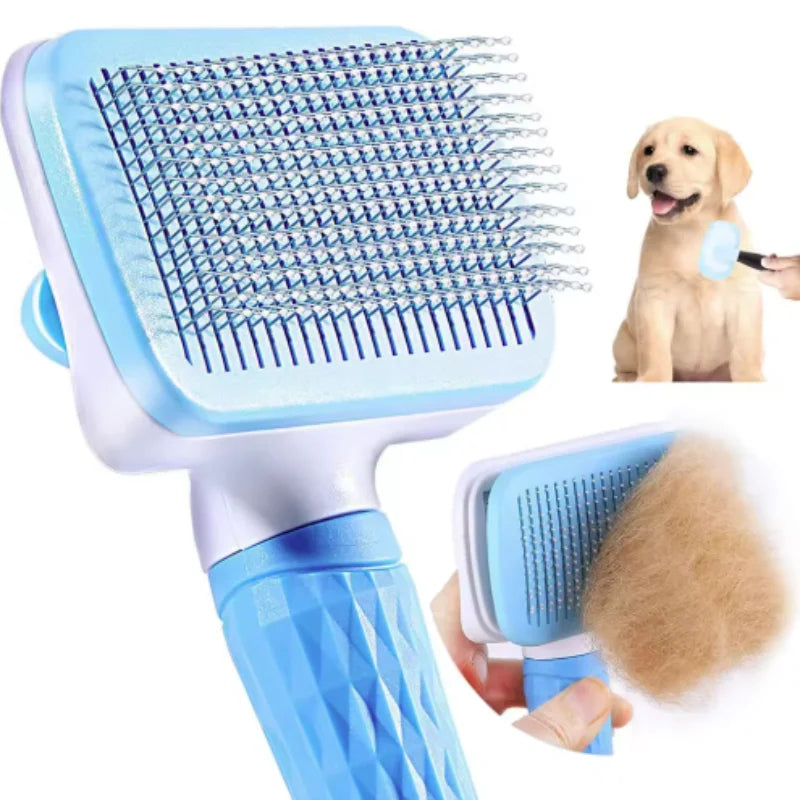 Pet Grooming Brush with One-Click Hair Removal - Bent Needle Massaging Comb for Dogs & Cats