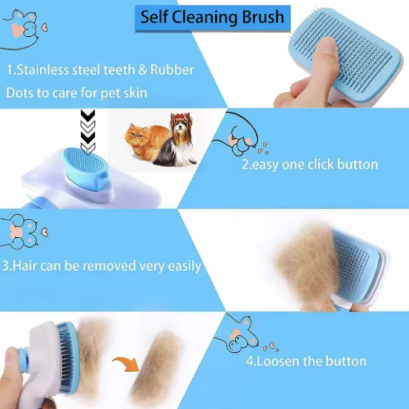 Pet Grooming Brush with One-Click Hair Removal - Bent Needle Massaging Comb for Dogs & Cats