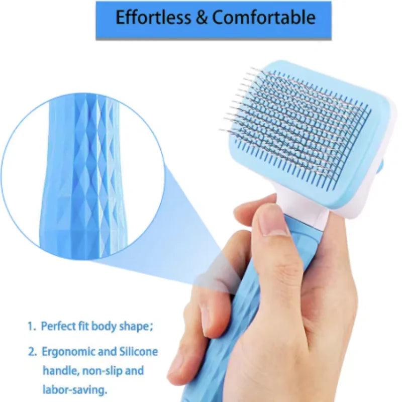 Pet Grooming Brush with One-Click Hair Removal - Bent Needle Massaging Comb for Dogs & Cats