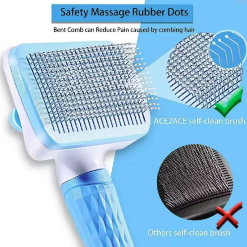 Pet Grooming Brush with One-Click Hair Removal - Bent Needle Massaging Comb for Dogs & Cats