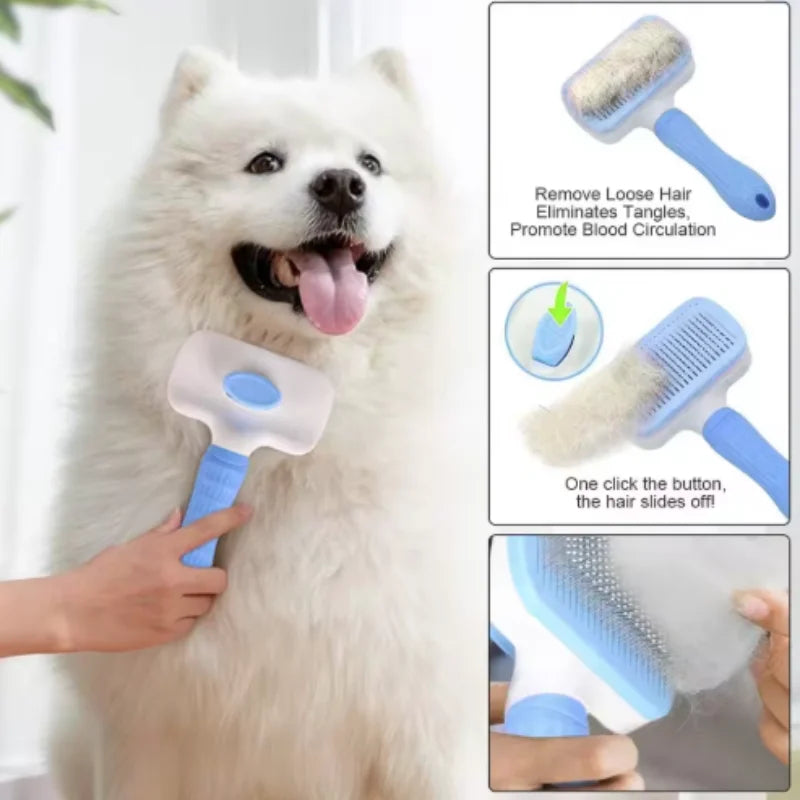 Pet Grooming Brush with One-Click Hair Removal - Bent Needle Massaging Comb for Dogs & Cats