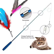 Cat Interactive Feather Wand Toy - 3-in-1 Retractable Teaser
